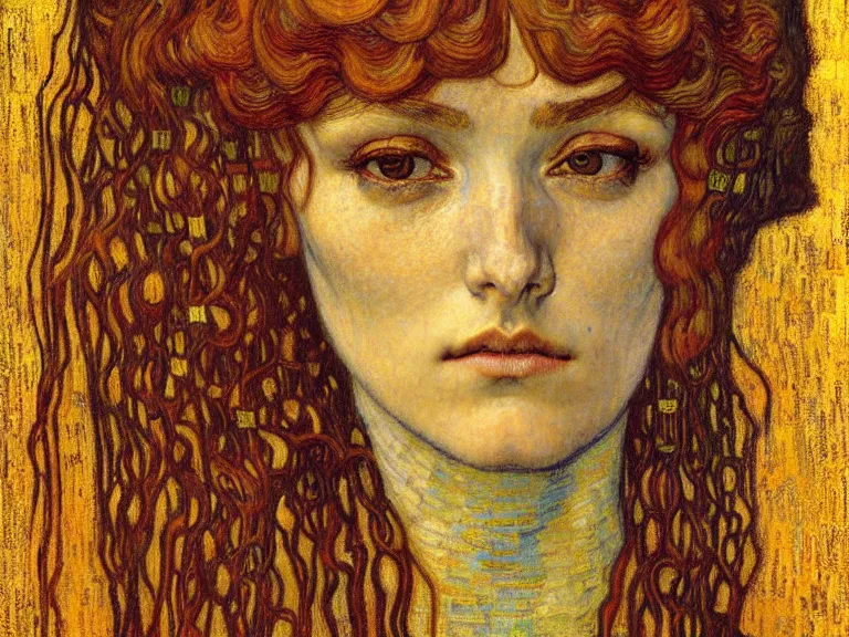 Image similar to detailed realistic beautiful young medieval queen face portrait by jean delville, gustav klimt and vincent van gogh, art nouveau, symbolist, visionary, gothic, pre - raphaelite, muted earthy colors, desaturated