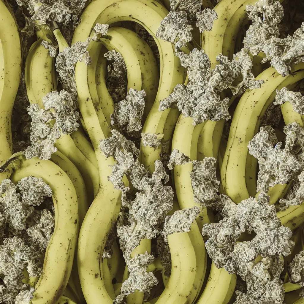Prompt: bananas that grow like fractal coral and smoke, cracked, fine foliage, inside art nouveau with petal shape, big banana peals, and stems, mesh roots. closeup, hyper real, food photography, high quality