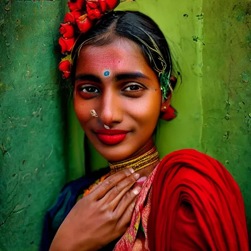 Image similar to realistic expired fuji film portrait of happy india hijra, red roses celestial vibe, hyperrealism, hypermaxiymalism, photorealistic, detailed, atmospheric, 8 k, award winning photography, cinematic