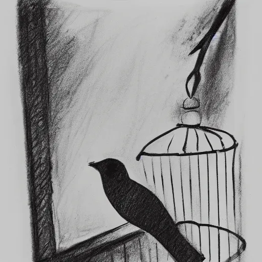 Prompt: an abstract rough charcoal sketch of a bird in a bird in a cage, black and white