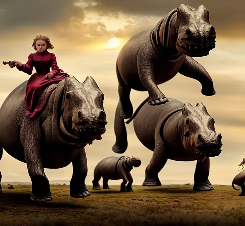 Image similar to sharp, highly detailed, film from a 2 0 1 9 sci fi 8 k movie, set in 1 8 6 0, a family riding on the back of small alien hippos, across an alien landscape, wearing 1 8 6 0 s clothes, atmospheric lighting, in focus, reflective eyes, 3 5 mm macro lens, live action, nice composition