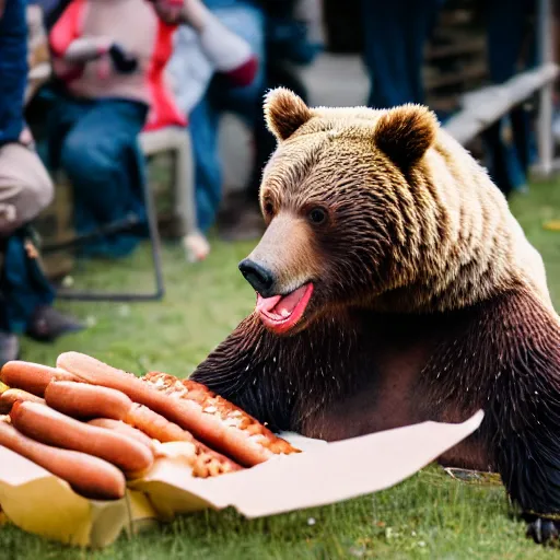 Prompt: a grizzly bear eating hotdogs at an eating contest and dominating his human competitors. sigma 8 5 mm f / 2. 4