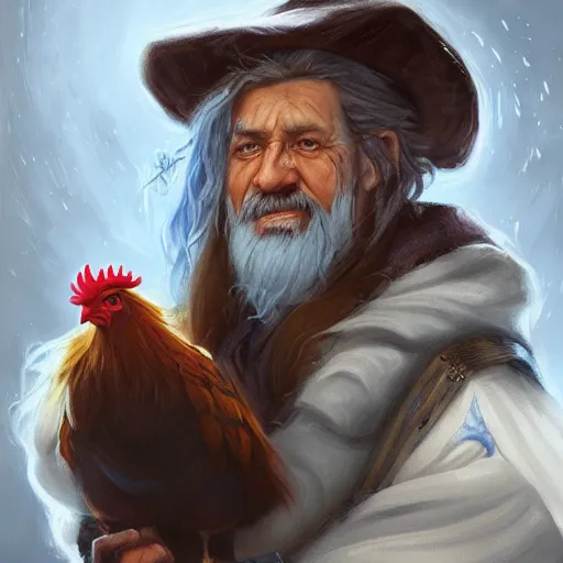 Prompt: a portrait of a wizard with his pet chicken by Tony Sart, confused facial expression, blue robe, long white beard, frizzy hair, ArtStation, realistic, detailed