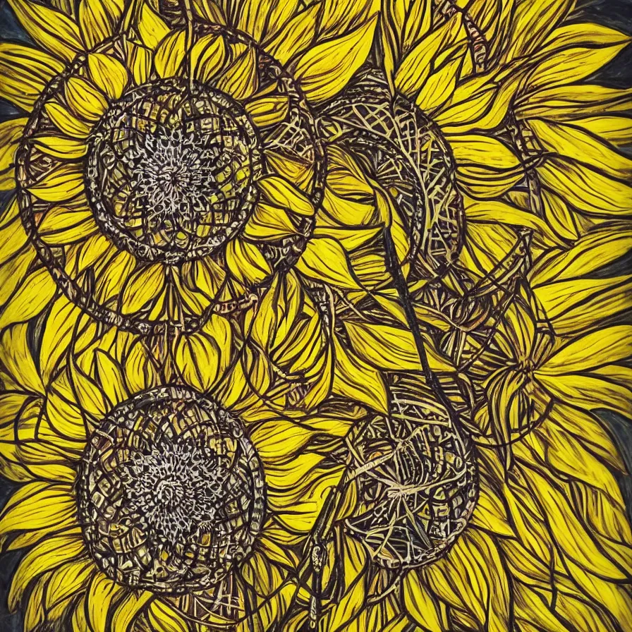 Prompt: Artwork about a magnificent sunflower within a tribal dreamcatcher that contains a huge treehouse