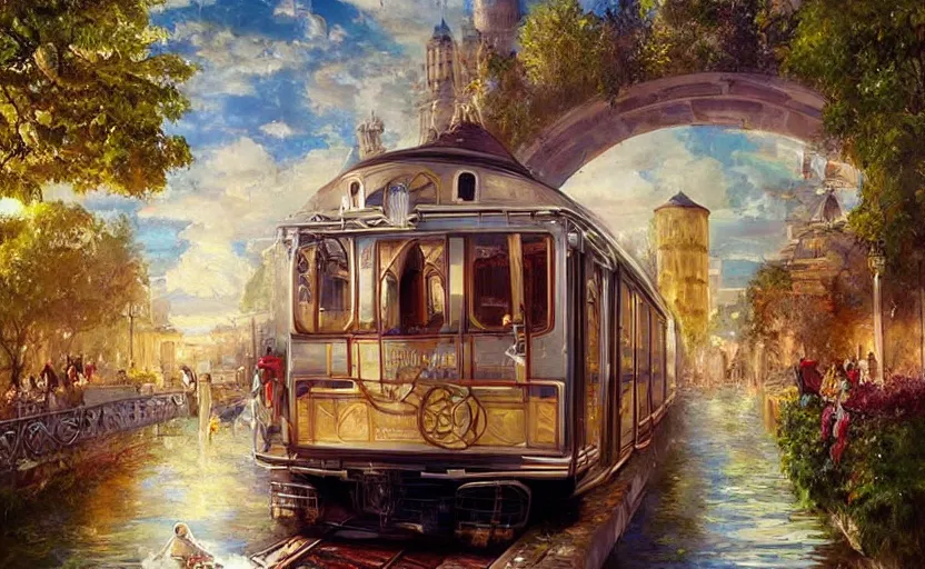 Image similar to Beautiful alchemy urban train that rides inside of a waterway on a fantasy city, next to a fountain and a mystical palace. By Konstantin Razumov, highly detailded