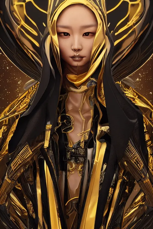 Image similar to Photorealistic illustration, 3/4 view of Korean fashion model in Star Wars sith black and gold robes, sci-fi, futuristic, intricate, elegant, highly detailed, digital painting, artstation, concept art, smooth, sharp focus, art by artgerm, greg rutkowski and alphonse mucha