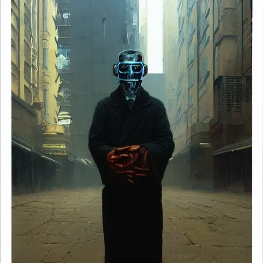 Image similar to portrait of masked cyberpunk scientist on the art deco streets of the Empire city, award-winning realistic sci-fi concept art by Beksinski, Bruegel, Greg Rutkowski, Alphonse Mucha, and Yoshitaka Amano