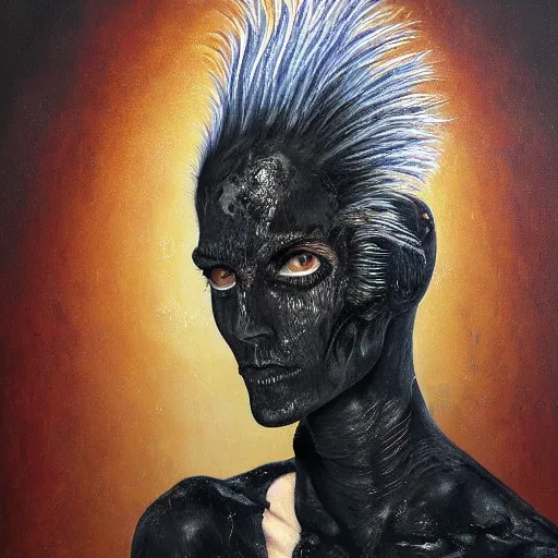 Image similar to detailed realistic oil painting youthful young alien jennifer connelly with black feathers instead of hair, dark fae, black eyes, black lips, uncanny valley, gray mottled skin, feathers growing out of skin, feathers growing from arms, black hands with long black claws, pale and sickly, profile view, full body, gothic, giger - - ar 9 : 1 6