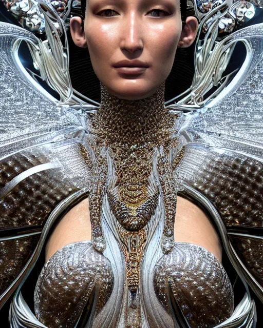 Image similar to a highly detailed metahuman 4 k close up render of an alien goddess bella hadid queen in iris van herpen dress schiaparelli in diamonds crystals swarovski and jewelry iridescent in style of alphonse mucha gustav klimt trending on artstation made in unreal engine 4