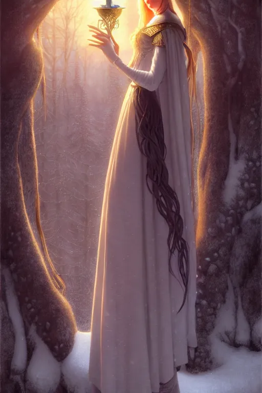 Image similar to nostalgia for a fairytale, nordic, ice, medieval maiden, long hair, tall and thin, illustration, dramatic lighting, soft details, painting, art nouveau, octane render, 8 k, hd, by edmund blair leighton, brom, charlie bowater, faces by otto schmidt