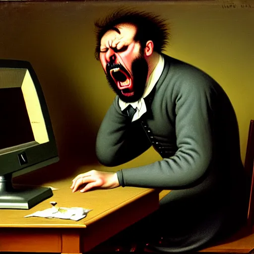 Image similar to an angry man yells at his computer monitor, oil on canvas, 1 8 8 3, highly detailed