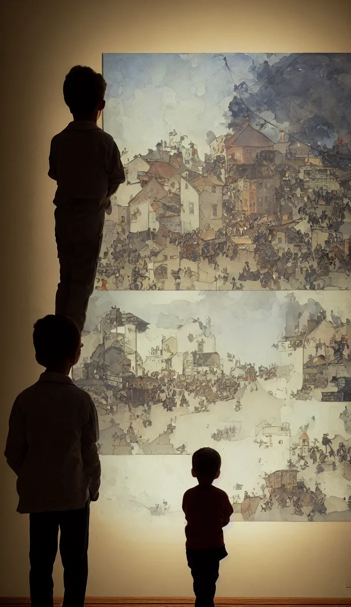 Image similar to a kid with a lantern in a museum looking at a painting showing the same scene where he is, part by Norman Rockwell, part by Greg Rutkowski , part by Mattias Adolfsson, high angle, intricate, detailed, (((volumetric lighting))), oil on canvas