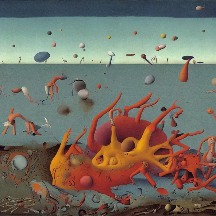 Image similar to the first color getting out of the primordial ocean to walk on land. sunset. codex seraphinianus. painting by yves tanguy, bruegel, walton ford, rene magritte, max ernst, matisse