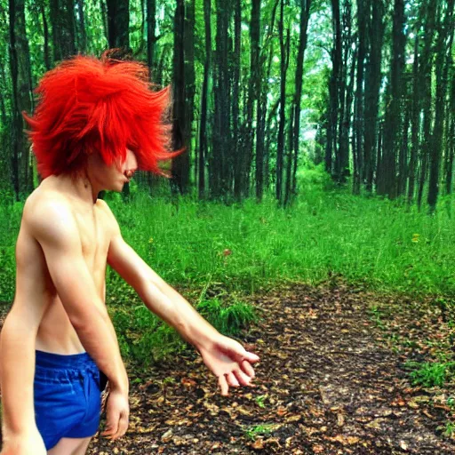 Image similar to a photo of a boy with firey hair in the woods training his powers 1 9 7 7 photo, realistic, photorealistic, detailed,