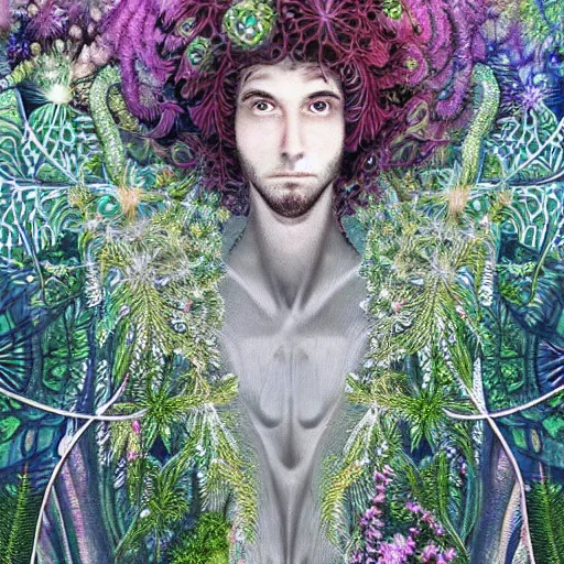 Image similar to an idealistic man, stern face, clear eyes, with shining armour and fractal flowery hair in a fractal garden, glowing delicate flower and ferns that grow in a dark fatansy forest on the planet pandora,