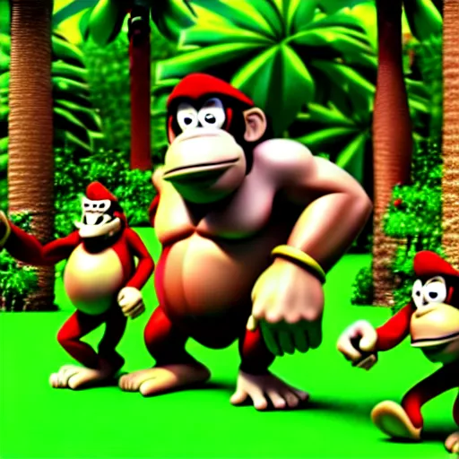 Image similar to Donkey Kong and Diddy Kong surrounded by tropical trees and barrels, 3D render