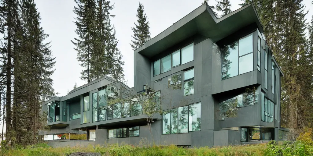 Image similar to large futuristic residence in Washington state, large windows, rectangular elements, concrete, blue and green metal