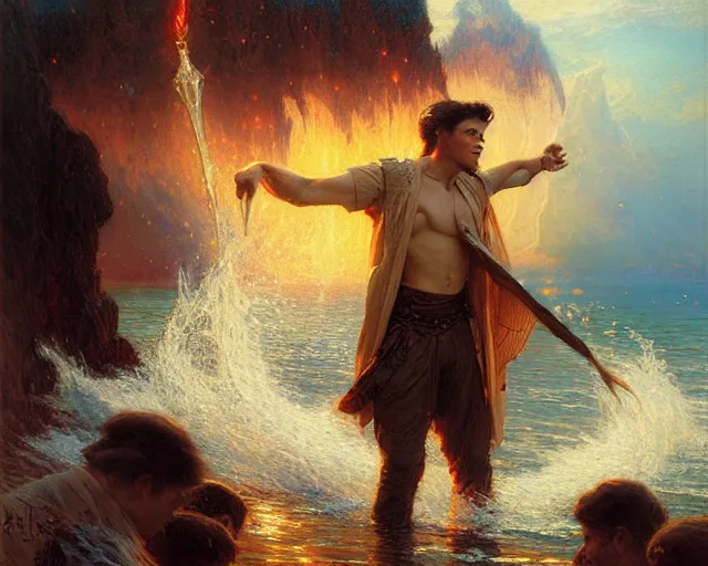 Prompt: attractive male wizard casting powerful tsunami wave spell in a beautiful lake. highly detailed painting by gaston bussiere, craig mullins, j. c. leyendecker 8 k