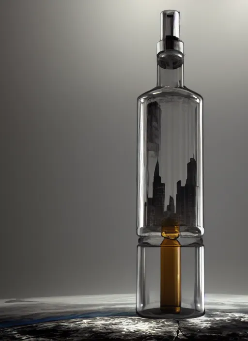 Prompt: a broad bottle with a city inside standing on a table, tubes going from a machine into the top of the bottle, 8k, unreal engine, trending on artstation,