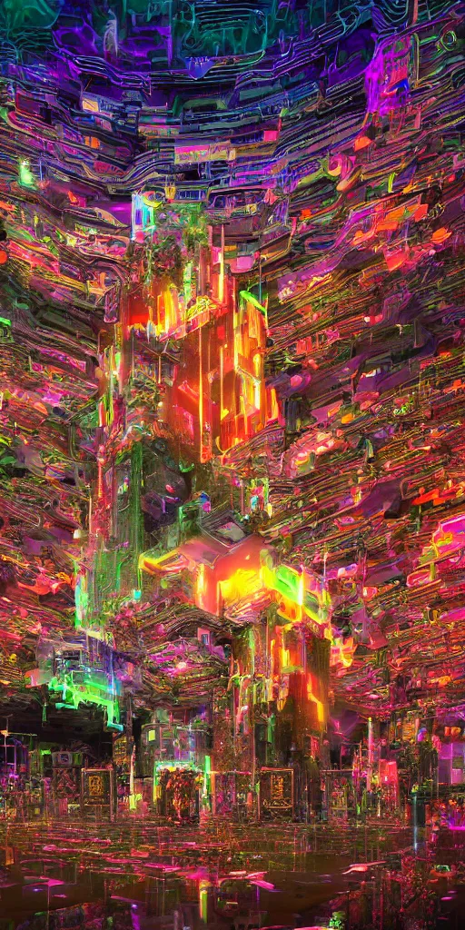 Prompt: impossibly beautiful monolithic shrine to technology that extends to the heavens, people charge their devices and worship at the base of the shrine, intricate complexity, horror, rainbow drip paint, psychedelic glitch art, trending on art station, photoreal, 8k, octane render
