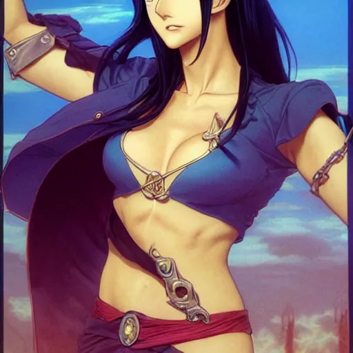 Image similar to highly detailed vfx portrait of nico robin by eiichiro oda!, makoto shinkai, alphonse mucha, art by artgerm and greg rutkowski!, backlit, harsh overhead sunlight, blue eyes!!, large aquiline nose!!, kaoru mori, best of behance, concept art, matte, sharp focus, illustration,