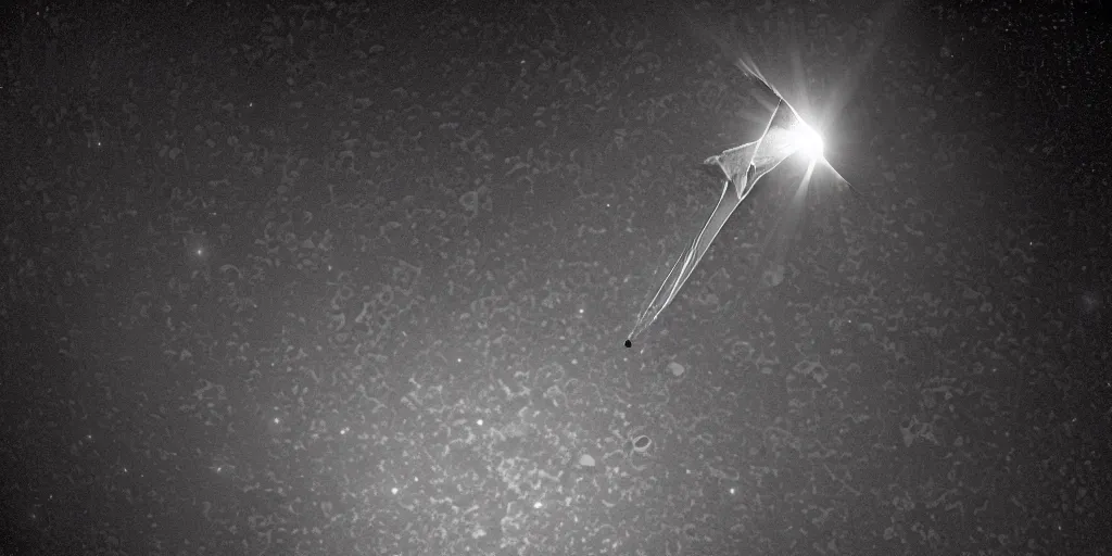 Prompt: medium close up of a solar sail probe entering a solar system carrying a dead alien. The probe is from an isolated star in a thick dust cloud, UE5, 8K, 4K