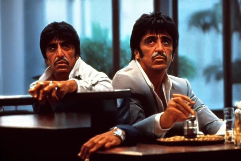 Prompt: tony montana from movie scarface 1 9 8 3 sitting behind a big black oak table with big large packages of flour. next to the night window. al pacino. perfect symmetric face, coherent eyes,, fine details, 4 k, ron cobb, cinestill
