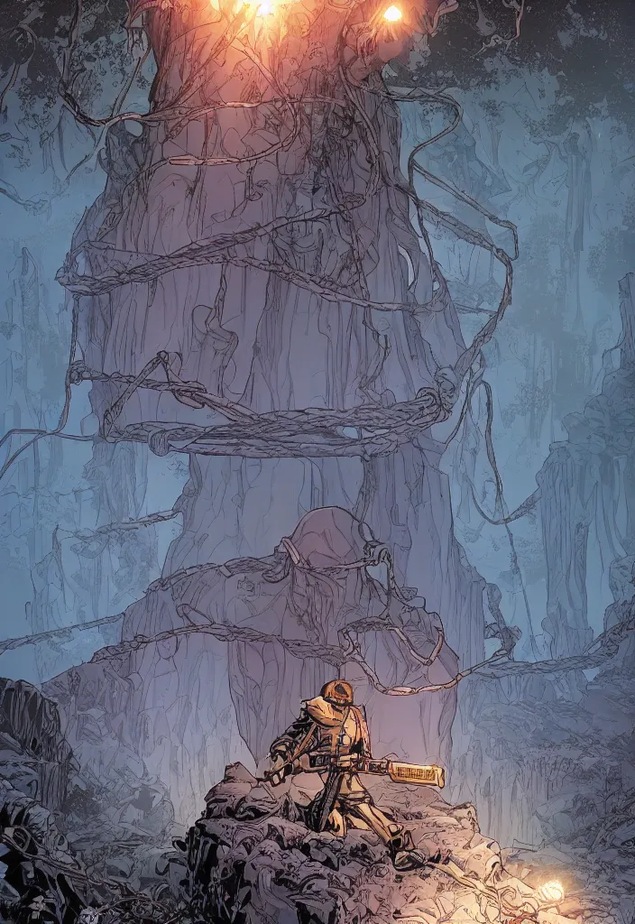 Image similar to A comic book cover of an android soldier with back to the camera, in a forest made of crystal and gemstone, looking across a vast chasm and old rope bridge. On the mountain facing him is a temple made of shards of crystal with a tower glowing in the fog