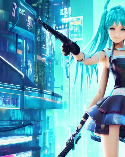 Prompt: Hatsune Miku in the role of Johnny Silverhand from Cyberpunk 2077, amazing short, 8K, IMAX, ultra detailed