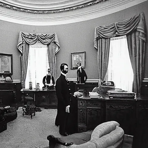 Prompt: photo of Abraham Lincoln watching a wide-screen television in the oval office