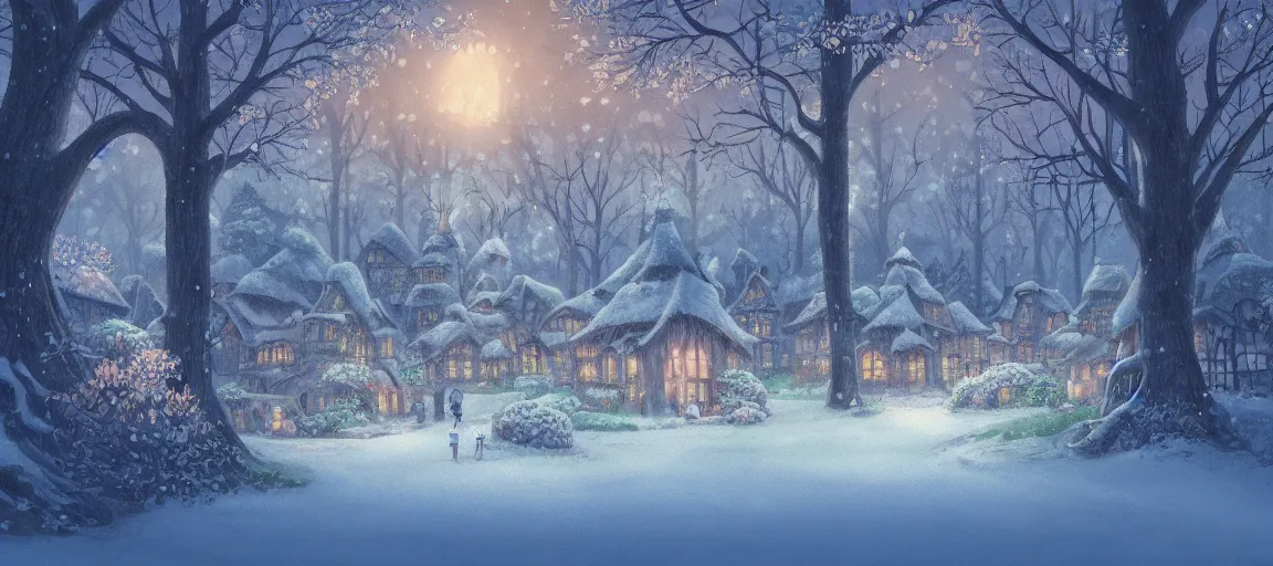 Prompt: Beautiful detailed high quality illustration of an enchanted magical village, beautiful forest on background::early morning mood, glowing snow::art by Ghibli Studio, trending on artstation