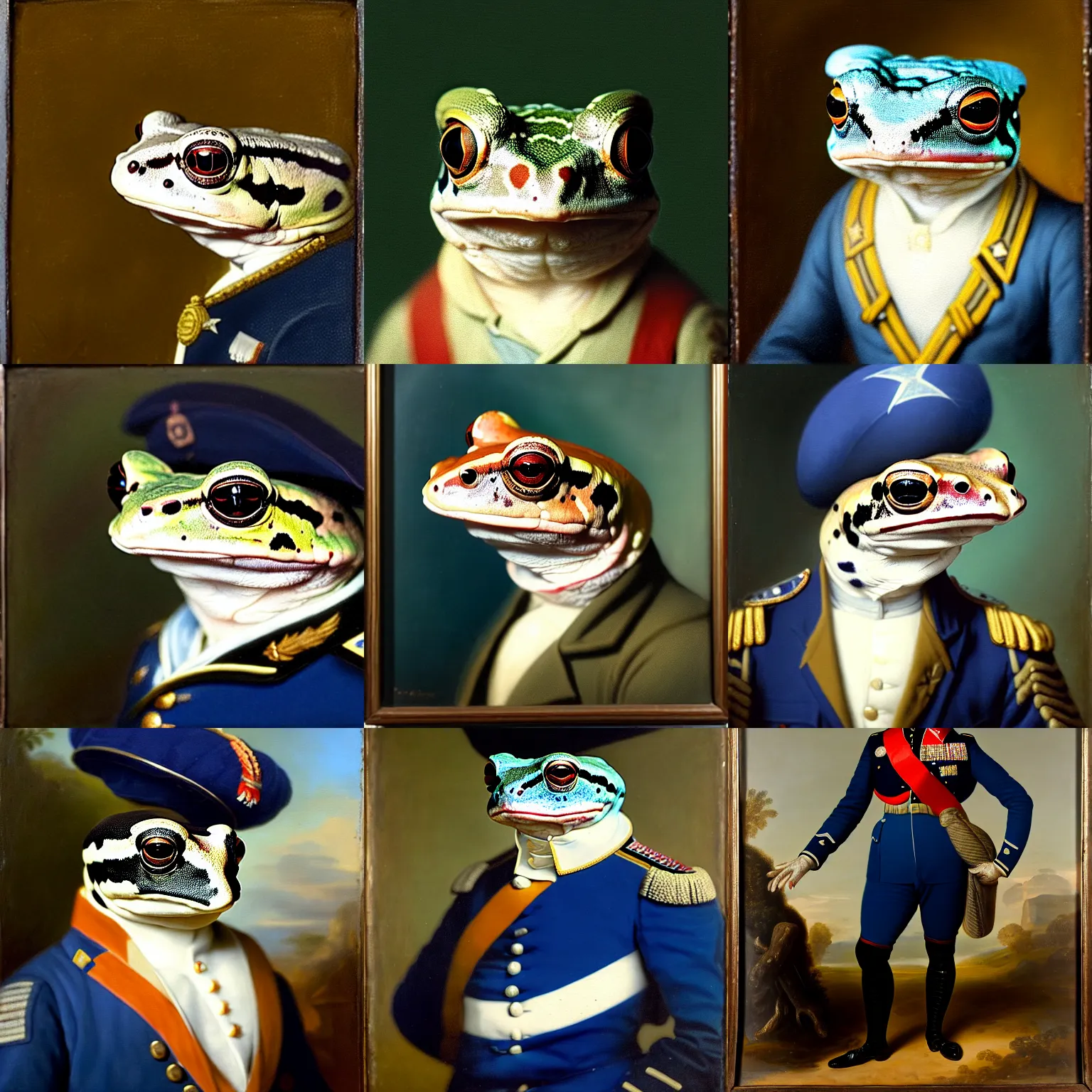 Prompt: a head - and - shoulders portrait of an amazon milk frog wearing a blue colonial military uniform looking off camera, an american romanticism painting, oil on canvas, cgsociety, soft focus