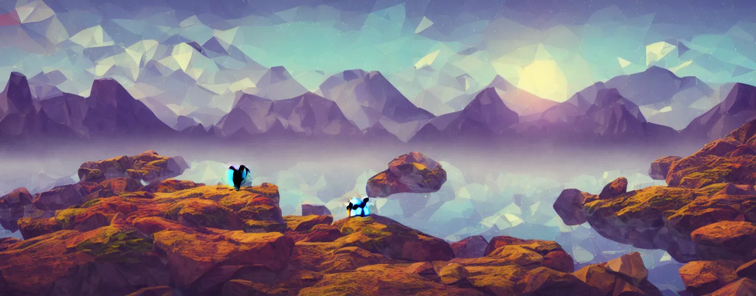 Image similar to super detailed color lowpoly art, northern sunset with rocks on front, blured monochromic lake in the middle of perspective and foggy mountains at background, graphic reindeers in random points, unreal engine, gothic rich deep colors, molotow premium pastel color palette, imperial boy, 3d render, lowpoly, colorful, digital art