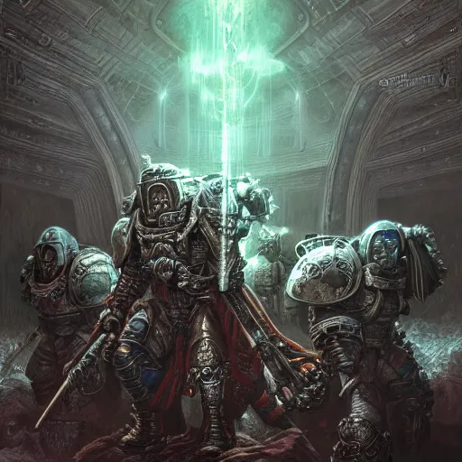 Prompt: photorealistic warhammer 4 0, 0 0 0 in the style of michael whelan and gustave dore. hyperdetailed photorealism, 1 0 8 megapixels, fully clothed, lunar themed attire, amazing depth, glowing rich colors, powerful imagery, psychedelic overtones, 3 d finalrender, 3 d shading, cinematic lighting, artstation concept art