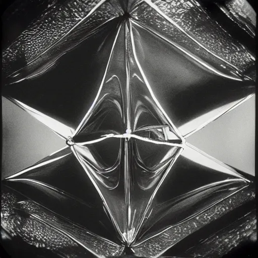 Prompt: grainy Polaroid film photograph of a highly reflective chrome octahedron in a tropical greenhouse. super resolution. surreal. Extremely detailed. Polaroid 600 film. by Annie Leibovitz and Richard Avedon