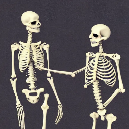 Image similar to a female skeleton talking to a male skeleton.