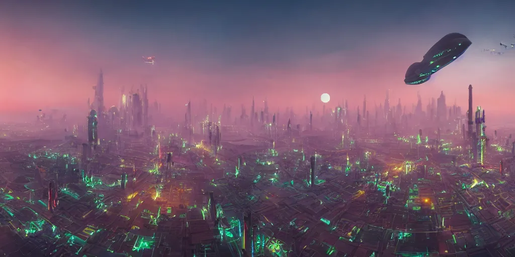 Image similar to big futuristic city like coruscant, with a green sunset smog sky, cinematic lighting, power plants with smoke, factories, tall metal towers, flying metal orbs, flying vehicles, a big moon in the sky, one blimp in the distance, a cloudy sky, mud mountains in background, hd 4k photo