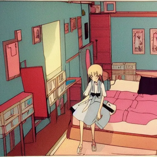 Prompt: bedroom in studio ghibli, Zero Two sitting on bed, anime style