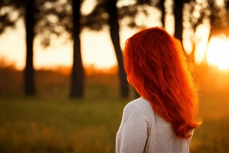 Image similar to picture of woman in the sunset, long hair, red head, golden hour, high depth of field, zoom, 4 k