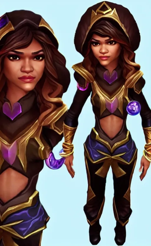 Image similar to Zendaya as a character in the game League of Legends, with a background based on the game League of Legends, detailed face, old 3d graphics