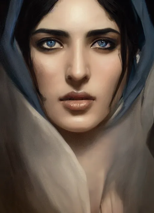 Image similar to a Photorealistic dramatic hyperrealistic render of an arab ameera al taweel, blue eyes, black hair, white veil,by WLOP,Artgerm,Greg Rutkowski,Alphonse Mucha, Beautiful dynamic dramatic dark moody lighting,shadows,cinematic atmosphere,Artstation,concept design art,Octane render,8K