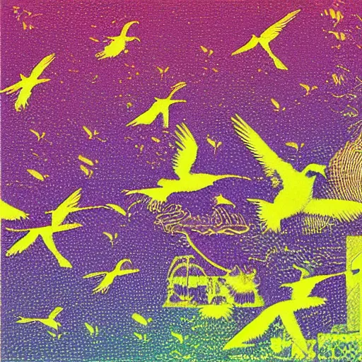 Image similar to birds flying into an ear portal, 7 0 s palette, grainy, stipple, by muhammad fatchurofi