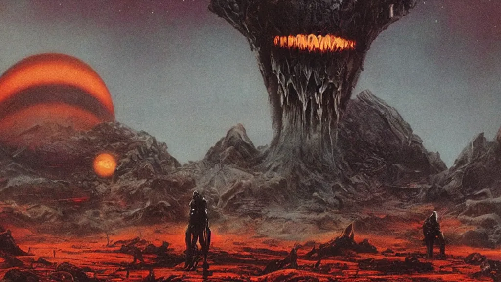 Prompt: eerie atmospheric alien planet with a spikey organic rocketship by jack gaughan and bob eggleton and chris moore, epic cinematic matte painting