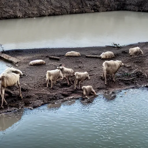 Image similar to National Geographic photograph of a sewage river with feces and goats at dawn