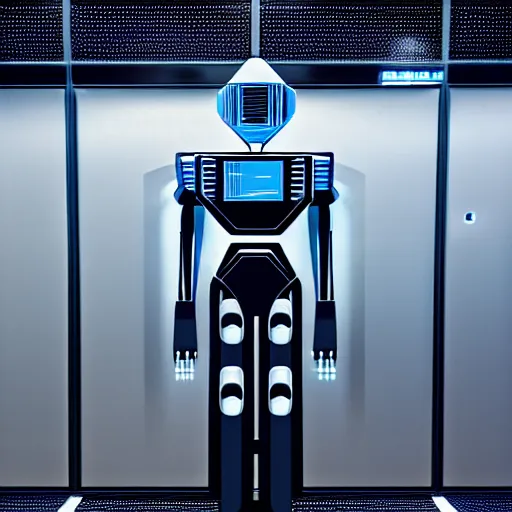 Prompt: hyperrealism stock photo of highly detailed stylish robot in futuristic sci - fi style by vincent di fate in the detailed data center by laurie greasley and mike winkelmann