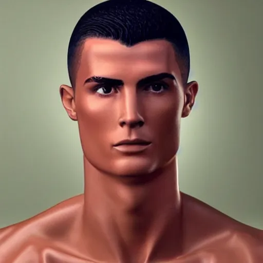 Image similar to “a realistic detailed photo of a guy who is an attractive humanoid who is half robot and half humanoid, who is a male android, Cristiano Ronaldo, shiny skin, posing like a statue, blank stare”