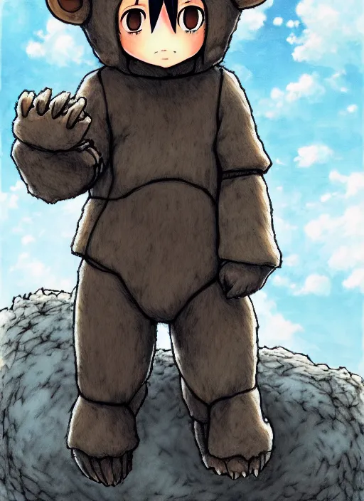 Image similar to beautiful little boy wearing an cyborg bear suit, artwork in kentaro miura and made in abyss and rosdraws, smooth, beautiful lightness, anatomically correct, trending on pixiv, forest