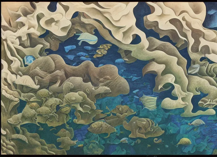 Image similar to an underwater landscape painted by, mc escher, gordon onslow ford, georgia o'keeffe and ippolito caffi,