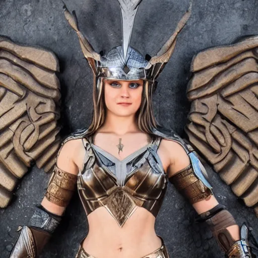 Image similar to full shot photo of emm stone as a valkyrie warrior, highly detailed, 4k