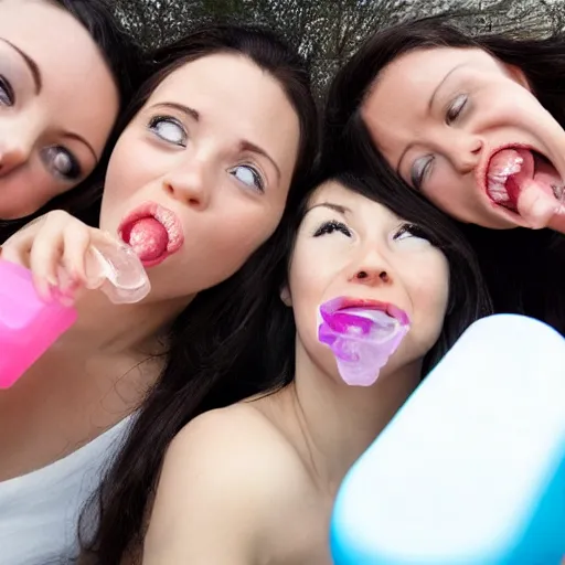 Prompt: ladies looking up at the camera while sucking ice blocks, poibt of view, wide lens